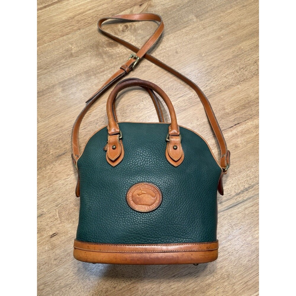 Vtg Dooney & Bourke Norfolk Ivy Green & Tan Pebbled Leather Satchel Crossbody